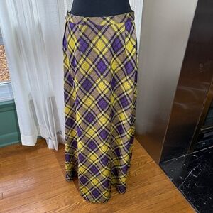 Vintage 70s maxi skirt, purple, yellow plaid, A-line with slight flare, 6 (S/M)